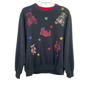 Vintage Alfred Dunner Black Sweatshirt w/Tartan Bears Hearts & Stars Womens Size
